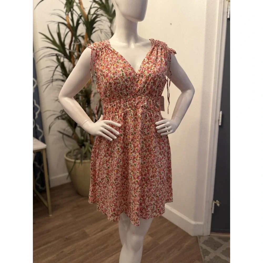 NEW Time & Tru Ditsy Tie Sleeve Mini Dress L 12 Prairie Cottagecore Boho Peasant